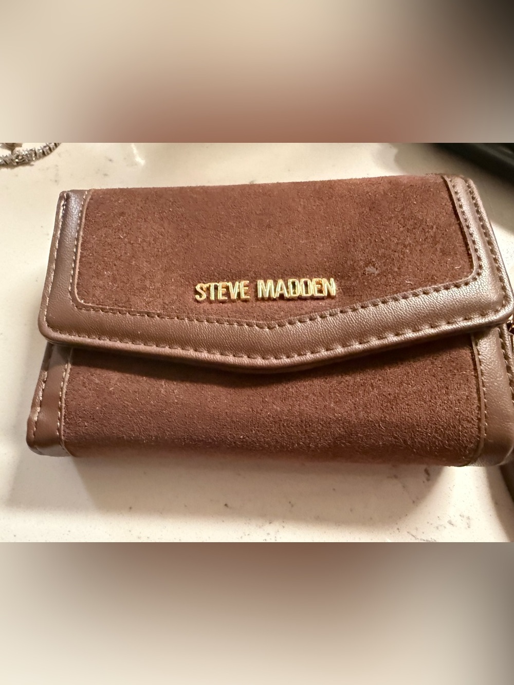 Steve Madden Brown Suede Wallet with Gold Logo
